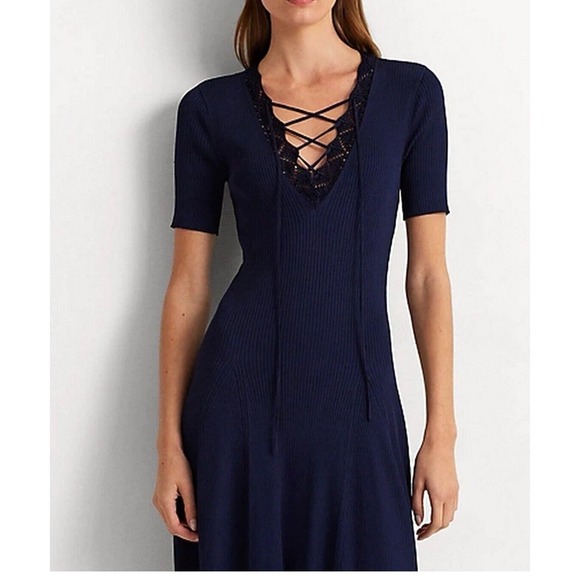 Lauren Ralph Lauren Dresses & Skirts - Lauren Ralph Lauren Women's‎ Lace-Trim Rib-Knit Dress Refined Navy Size L $225